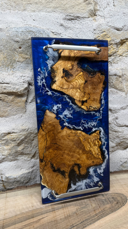 Plateaux en racine d’Olivier et résine effet mer